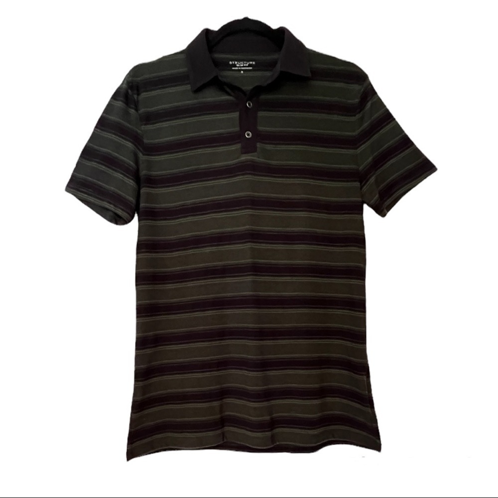 Structure Slim Fit Green & Black Striped Polo Shirt‌